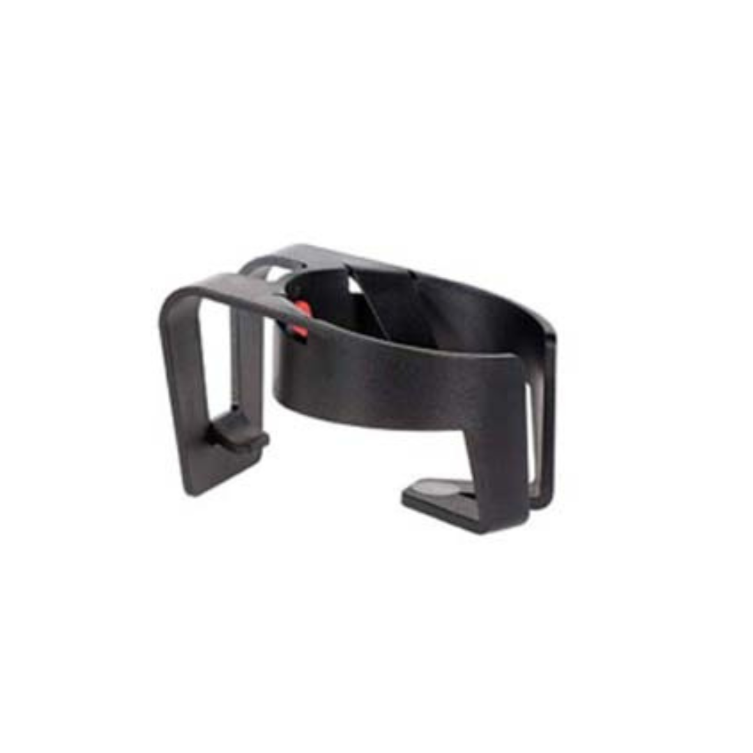 The Rollz Motion Rollator Accessories include a black plastic cup holder with an open design, rounded base for securing drinks, and a flat handle for easy grip.